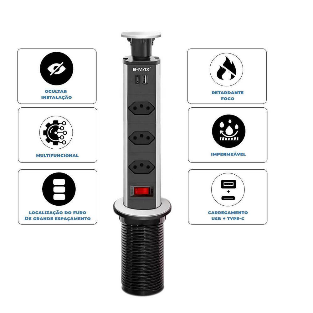 Torre Multiplug Usb 3 Tomadas Retrátil Usb-c E De Embutir - 5
