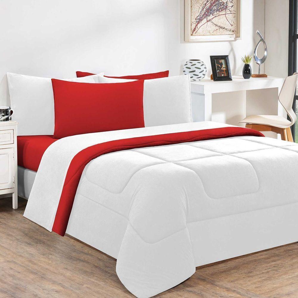Kit Edredom Malha 100% Algodão Gran Moratta 3 Peças Casal - Branco-vermelho - 1