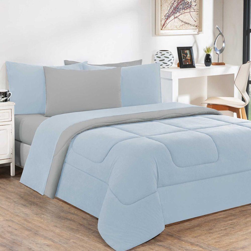 Kit Edredom + Jogo De Lençol 100% Algodão Gran Moratta 6 Peças King Azul Bebê-cinza - 1