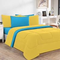 Kit Edredom + Jogo De Lençol Malha 100% Algodão Gran Moratta 6 Peças Queen - Amarelo-azul Turquesa - 1