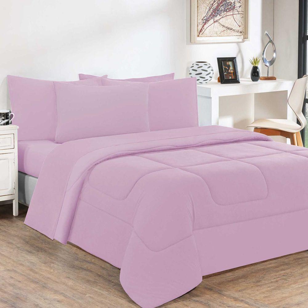 Kit Edredom + Jogo De Lençol 100% Algodão Gran Moratta 6 Peças Queen Rosa Bebê-rosa Bebê - 1