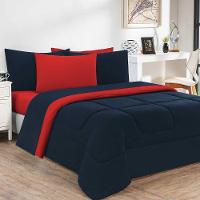 Kit Edredom + Jogo De Lençol 100% Algodão Gran Moratta 5 Peças Solteiro Azul Marinho-vermelho - 1