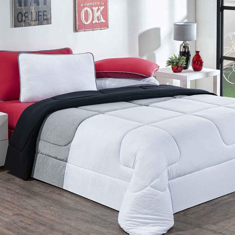 Kit Edredom + Jogo De Lençol 100% Algodão Urbano 4 Peças Solteiro Branco-mescla-vermelho - 1