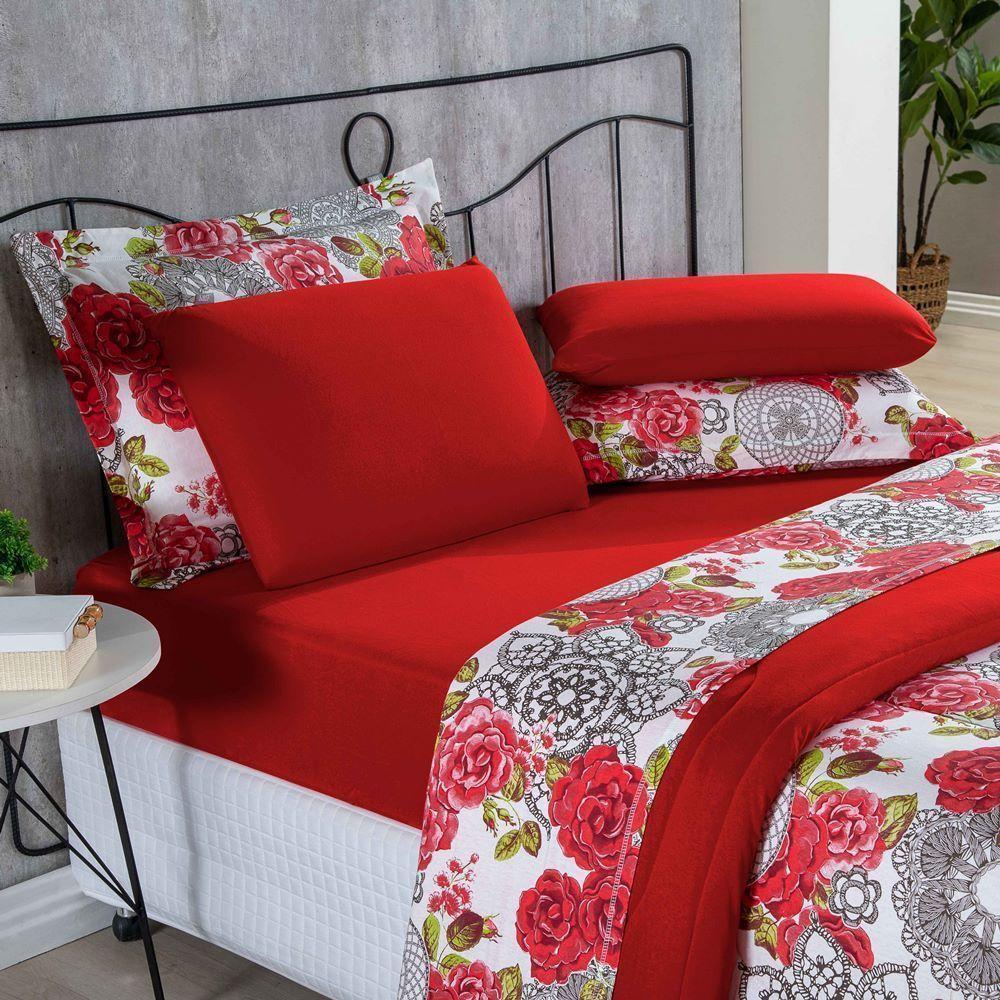 Edredom 100% Algodão Primavera 1 Peça King Floral Vermelho - 4