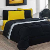 Kit Edredom + Jogo De Lençol 100% Algodão Urbano 5 Peças Solteiro Preto-mescla-amarelo - 1