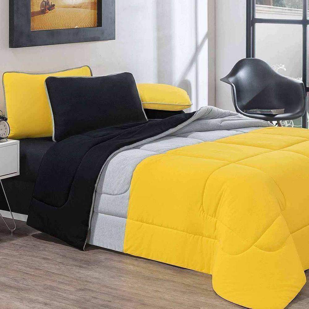 Kit Edredom + Jogo De Lençol 100% Algodão Urbano 4 Peças Solteiro Amarelo-mescla-preto - 1