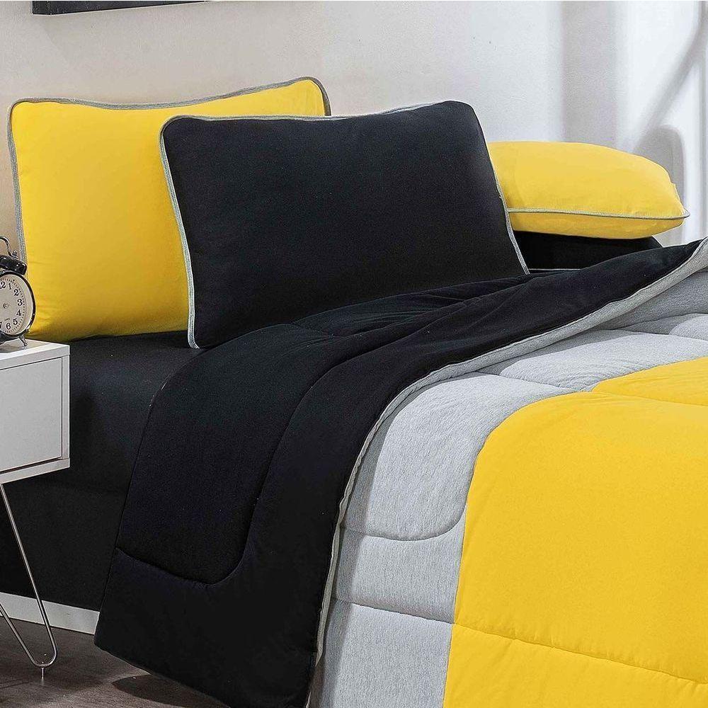 Kit Edredom + Jogo De Lençol 100% Algodão Urbano 4 Peças Solteiro Amarelo-mescla-preto - 2
