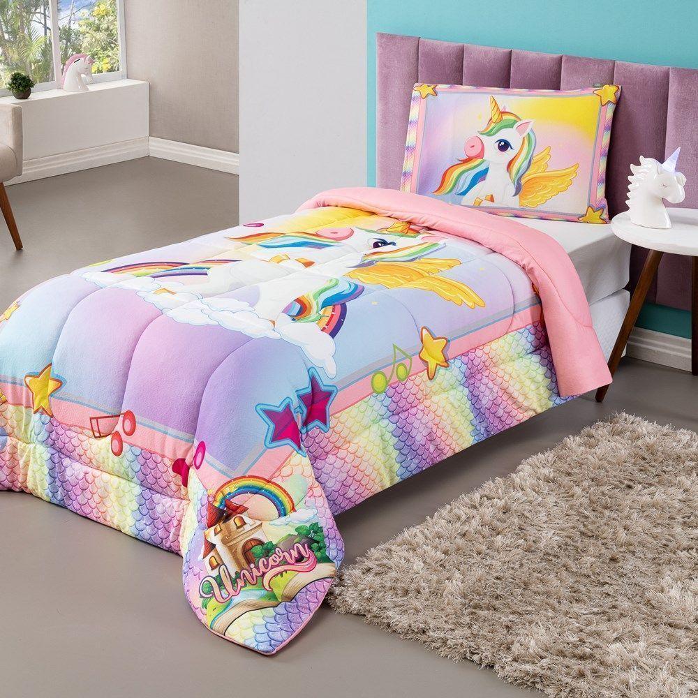 Kit Edredom Plush Fofinho Infantil Dupla Face Dream 2 Peças Solteiro Unicórnio - 2