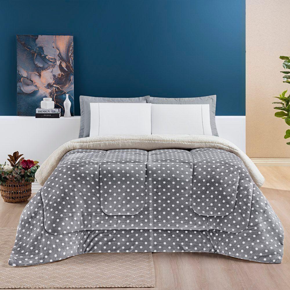 Coberdrom Estampado Sherpa E Flannel Petit Poá King 01 Peça Manta Alta 150g - Cinza - 1