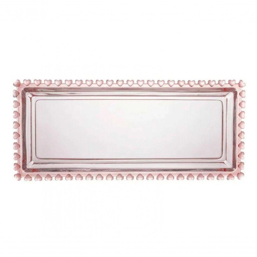 Travessa Retangular 30 Cm De Cristal Borda Coração Rosa Lyor - 1