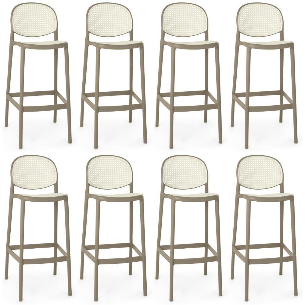 Kit 8 Banqueta Alta Com Encosto Roma Em Polipropileno - Branco/cinza Escuro - 1