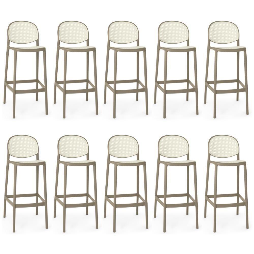 Kit 10 Banqueta Alta Com Encosto Roma Em Polipropileno - Branco/cinza Escuro - 1