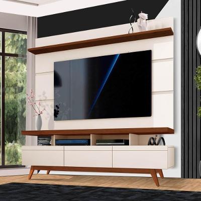 Rack Com Painel Off White Freijó Dinamarca Dinare Shop Jm
