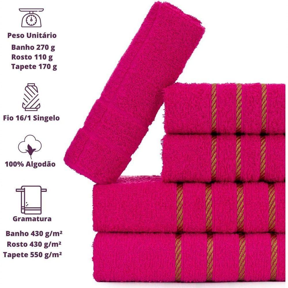 Jogo 5pçs 2 Banho + 2 Rosto + 1 Tapete P-banheiro 100% Algodão Alta Absorção - Rosa Pink - 6