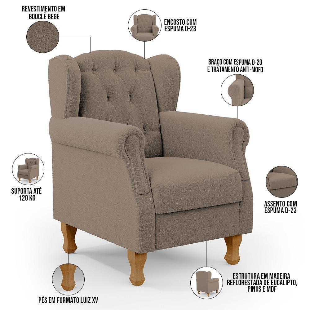 Poltrona De Amamentação Yara P02 Com Puff Paris Luis Xv L02 Bouclê Bege - Lyam Decor - 7