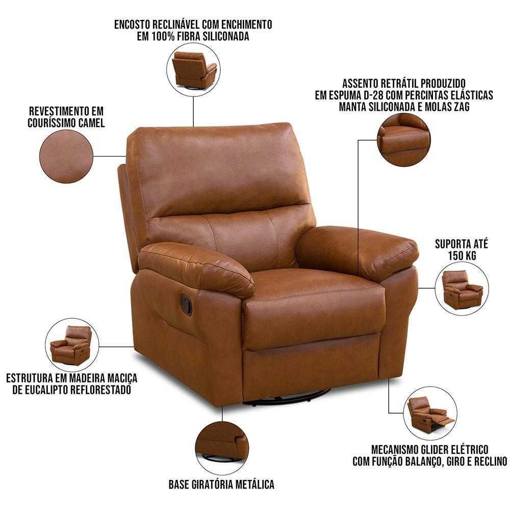 Poltrona Do Papai Reclinável Elétrica E Giratória Oliver D06 Couríssimo Camel - Lyam Decor - 4