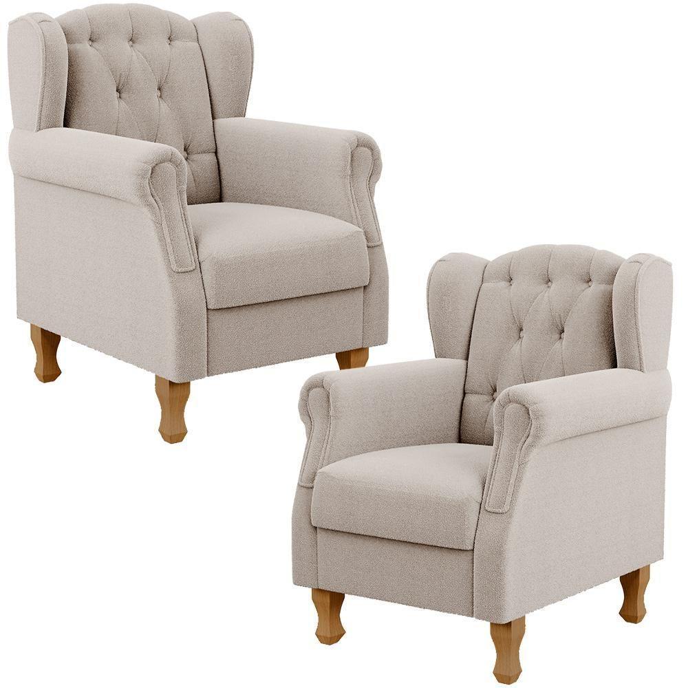 Kit 02 Poltronas Decorativa Para Sala De Estar Yara P02 Bouclê Creme - Lyam Decor - 1