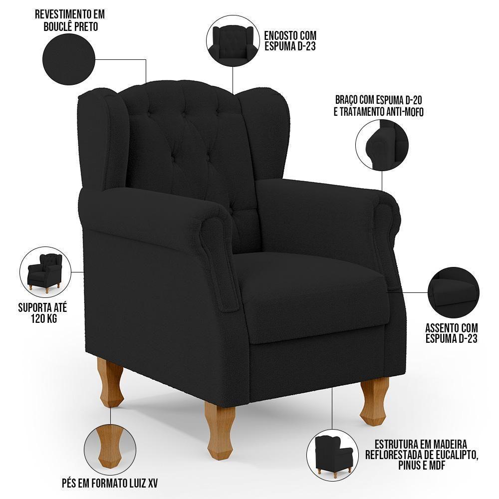Kit 02 Poltronas Decorativa Para Sala De Estar Yara P02 Bouclê Preto - Lyam Decor - 7