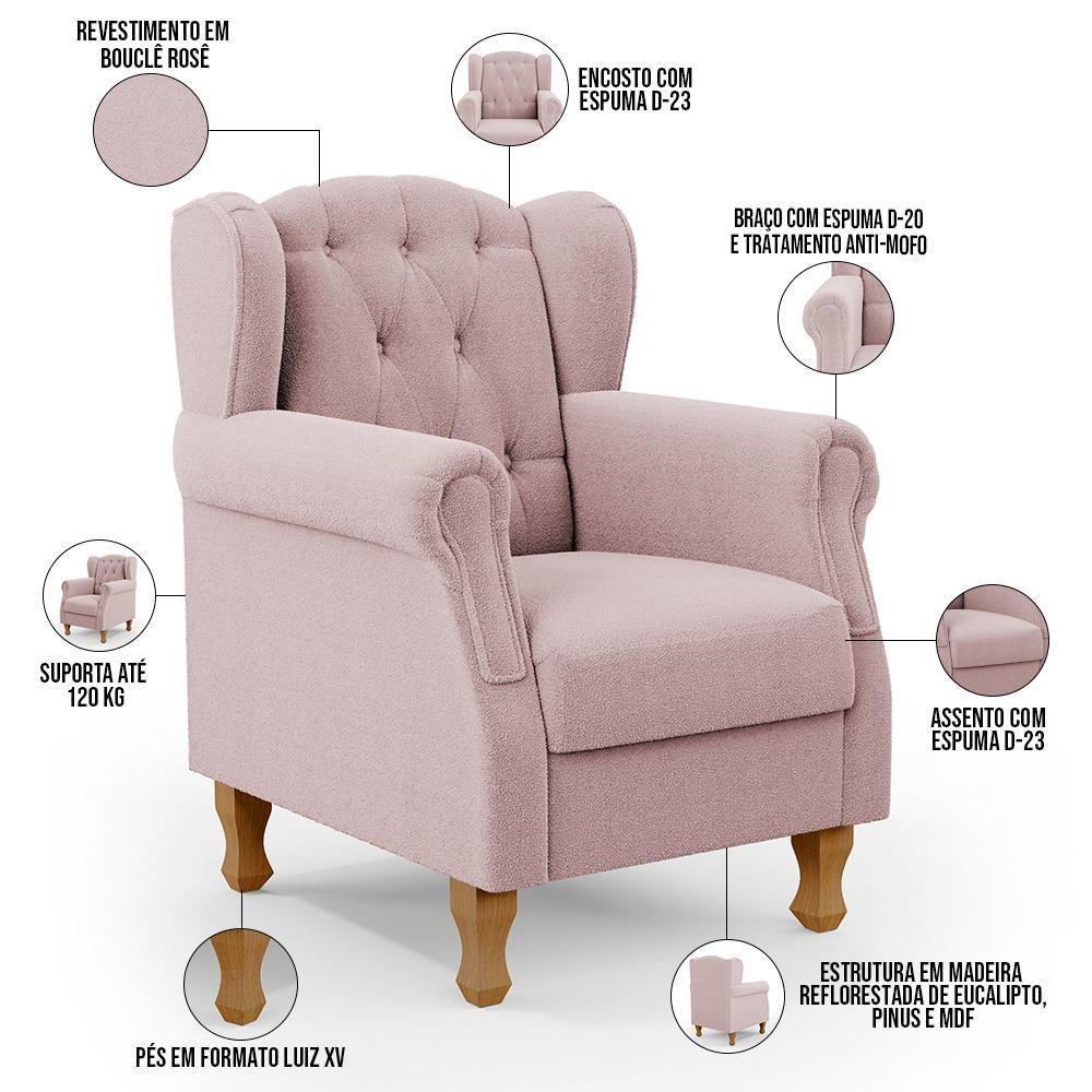 Kit 02 Poltronas Decorativa Para Sala De Estar Yara P02 Bouclê Rosê - Lyam Decor - 7