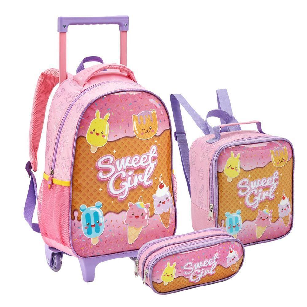 Kit Mochila Rodinha Lancheira Estojo Duplo Menina Escolar Infantil Sweet Girl Sorvete Rosa Seanite - 5