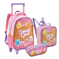Kit Mochila Rodinha Lancheira Estojo Duplo Menina Escolar Infantil Sweet Girl Sorvete Rosa Seanite - 5