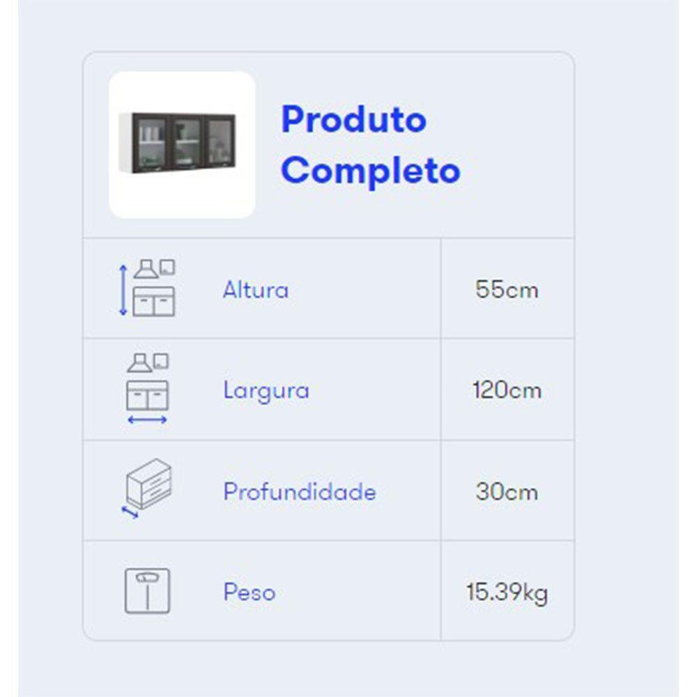 Armário Aéreo New Premium 120cm 3 Portas Com Vidro Itatiaia Grafite - 3