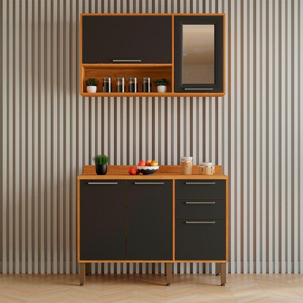 Cozinha Compacta 2 Peças 5 Portas 2 Gavetas Paris Sallêto Cinamomo Com Grafite - 1