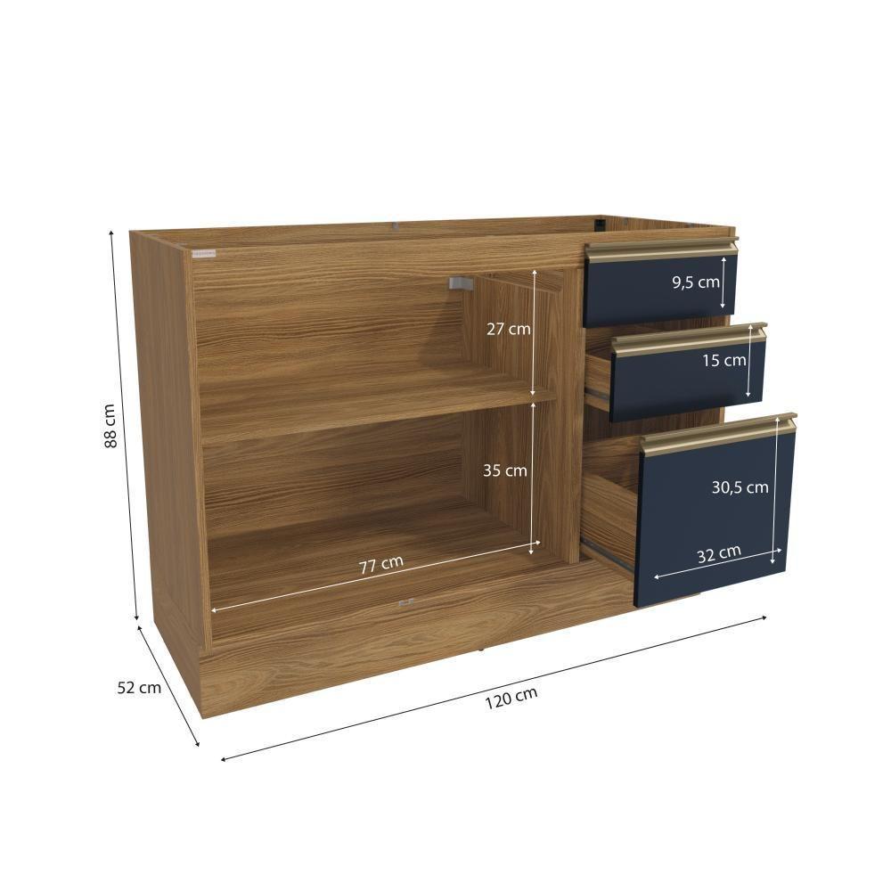 Balcão De Pia Celeste Kappesberg 100% Mdf 2 Portas 3 Gavetas Nogueira/azul 120cm - 2