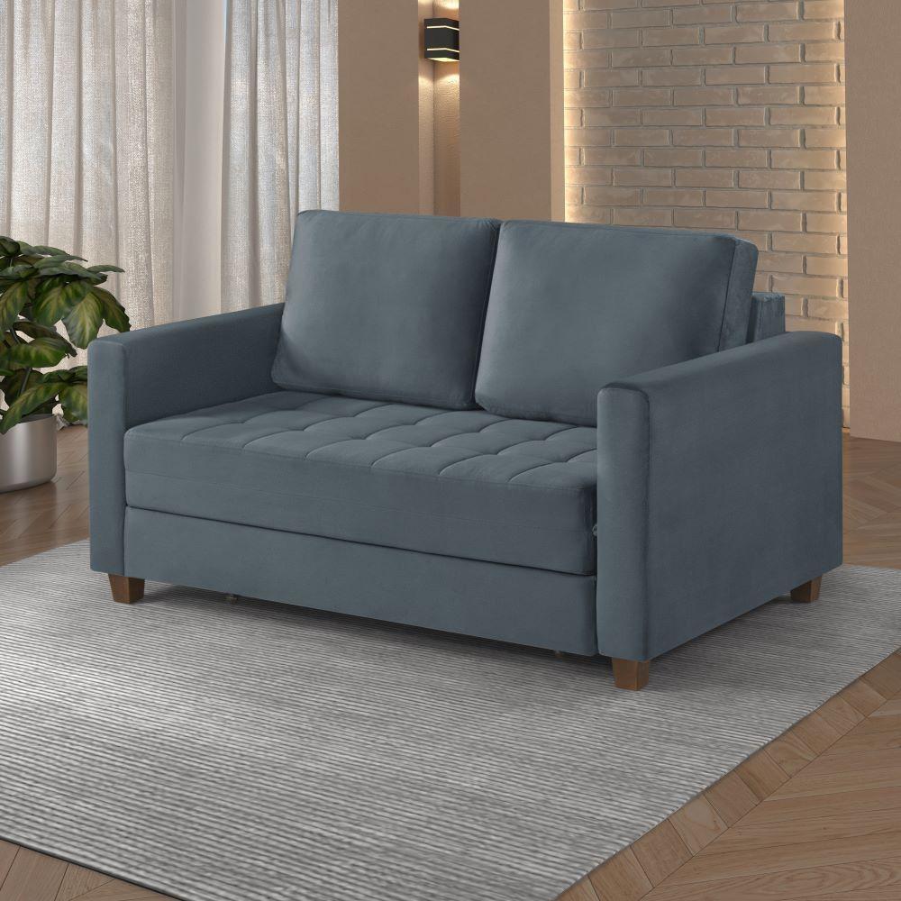 Sofá Cama Marcelle 2 Lugares 150 Casal Veludo Paris Pés De Madeira Talento Móveis Grafite Com Castanho - 2