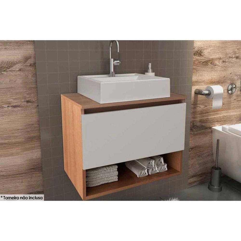 Conjunto de Banheiro Balcão Suspenso BN3606 c/ Cuba Pia BN3600 60cm cor Amêndoa/Branco - Tecno Mobili - 1