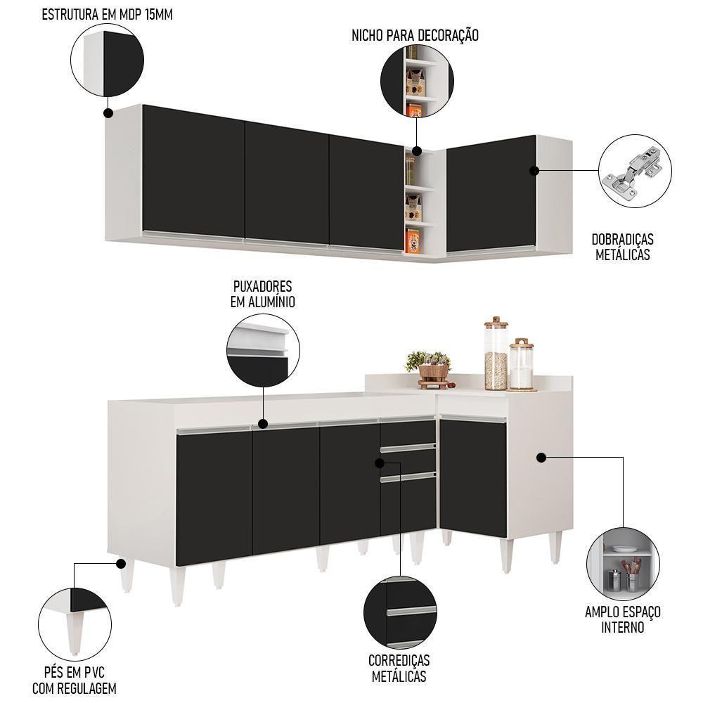 Armário De Cozinha Modulado De Canto Esquerdo 4 Peças Cp49 Balcão Sem Tampo Branco-preto - Lumil - 8