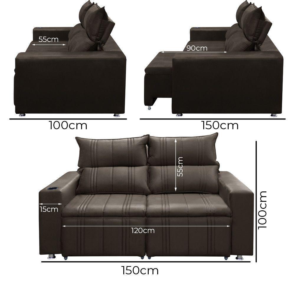 Sofá 2 Lugares Retrátil Madri 1.50cm Shop Das Cabeceiras Marrom - 3
