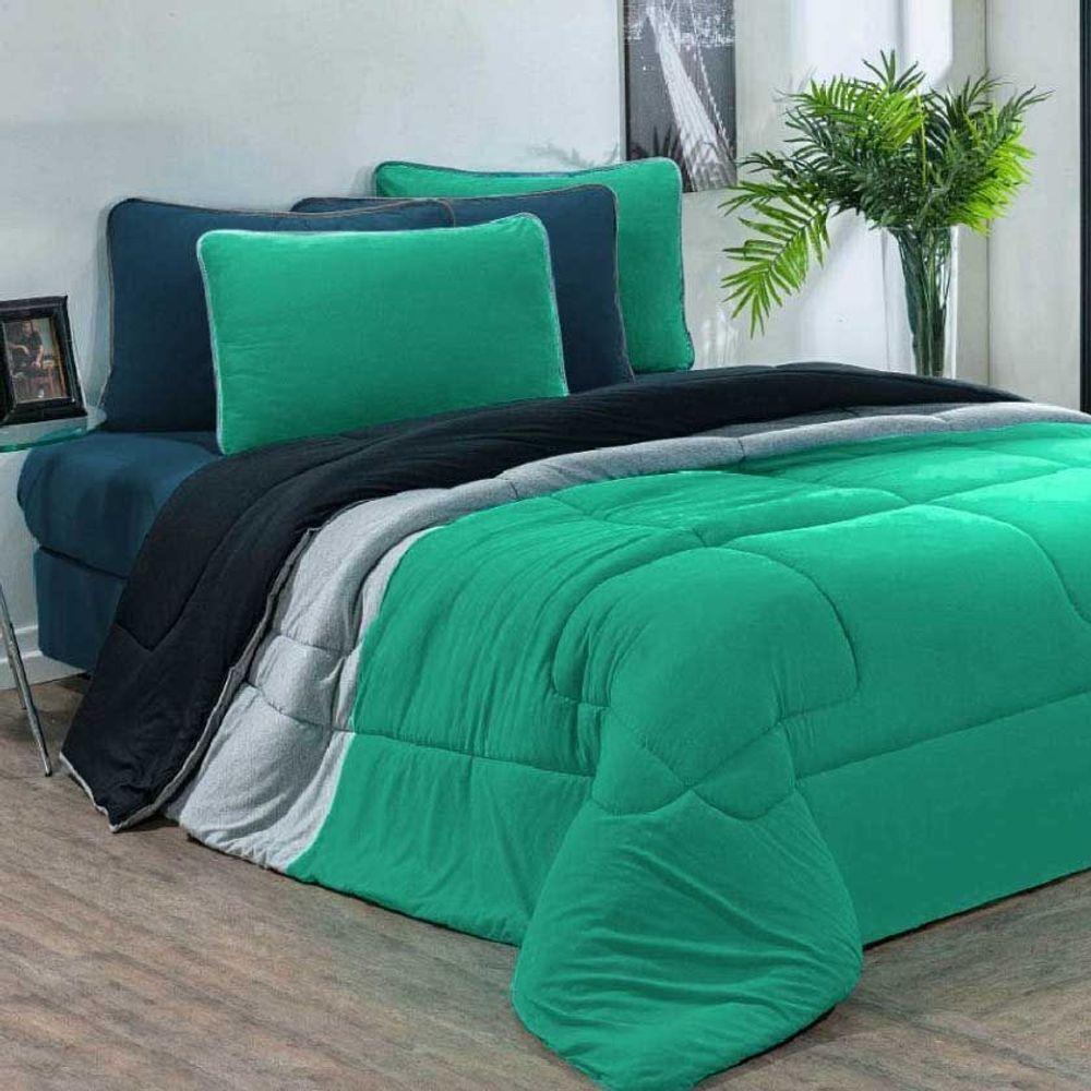Kit Edredom Jogo De Lençol Malha 100% Algodão 7 Peças Casal Verde Jade-mescla-azul Petroleo - 1