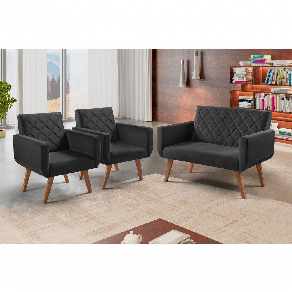 Conjunto Anabelle 2 Poltronas De 1 Lugar 1 Poltrona 2 Lugares Braço Unidecor Preto - 2