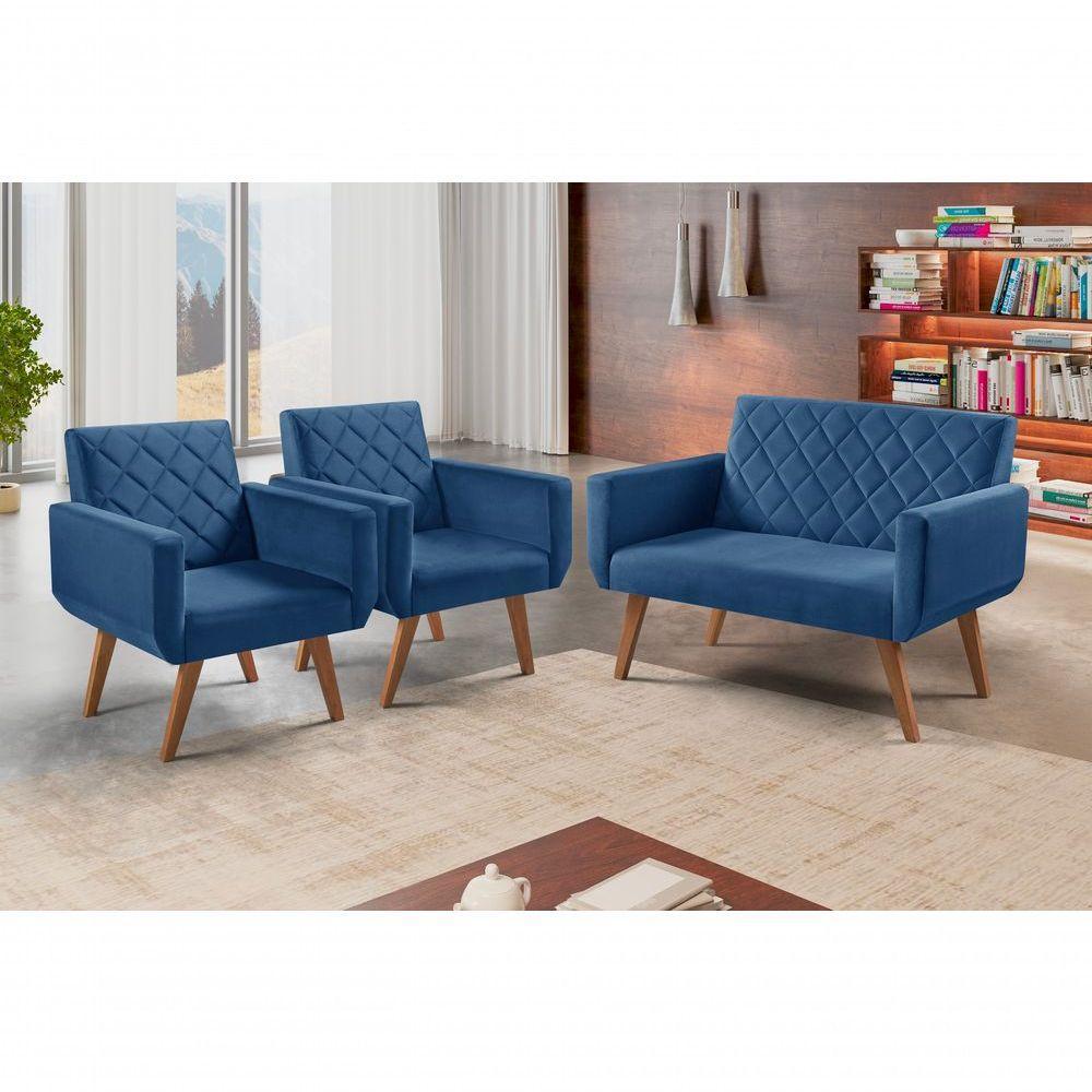Conjunto Anabelle 2 Poltronas De 1 Lugar 1 Poltrona 2 Lugares Braço Unidecor Azul Bic - 2
