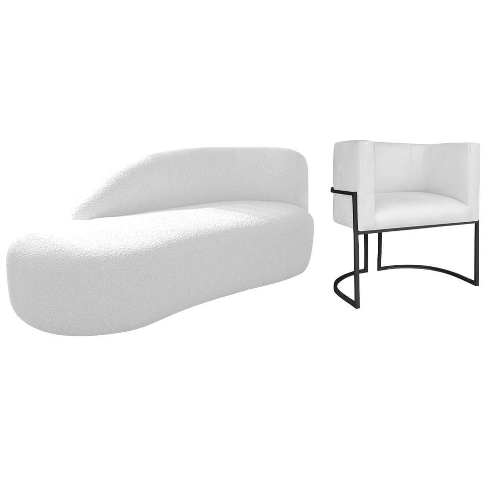 Kit Divã Luna 140cm Lado Esquerdo E 01 Poltrona Base De Ferro Preto Suede Branco - 1