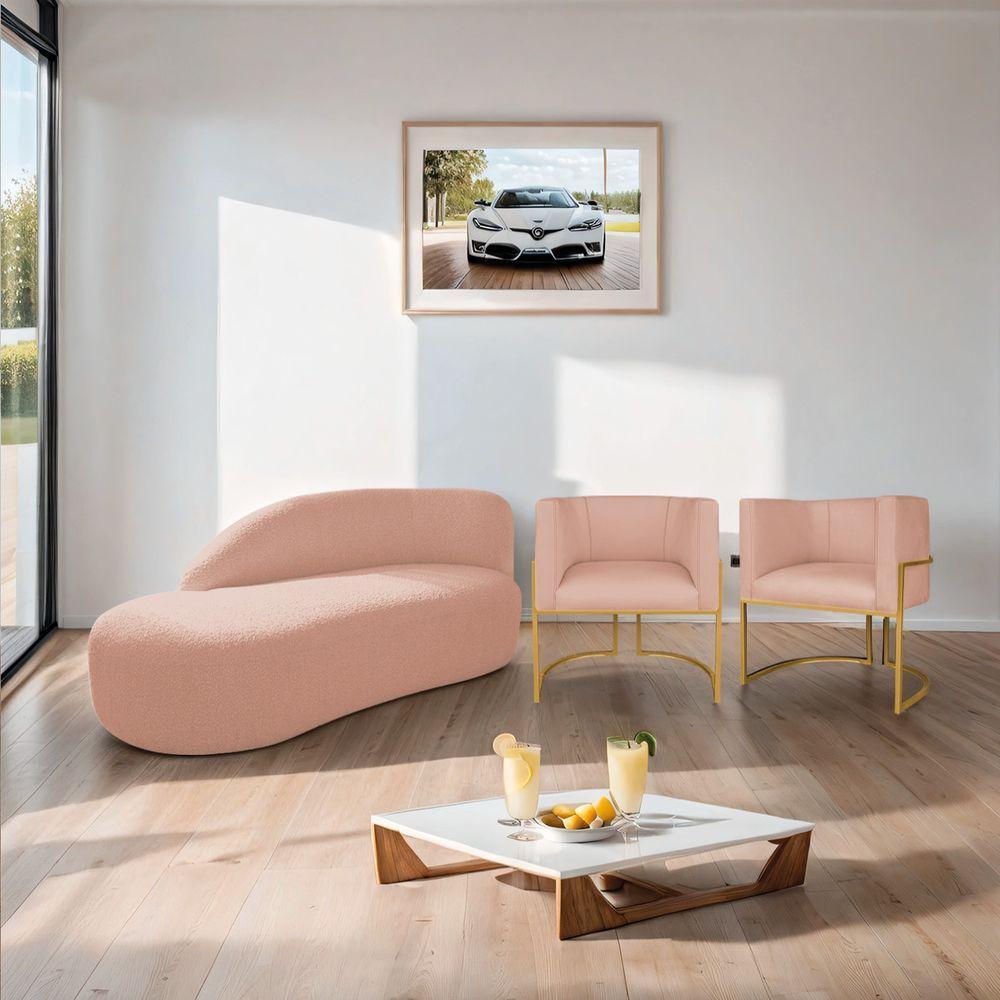 Kit Divã Luna 160cm Lado Esquerdo E 02 Poltronas Base De Ferro Dourado Suede Rosê - 9