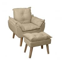 Poltrona/cadeira Decorativa E Puff Glamour Bege Linho Com Pés Quadrado Bege Linho - 1