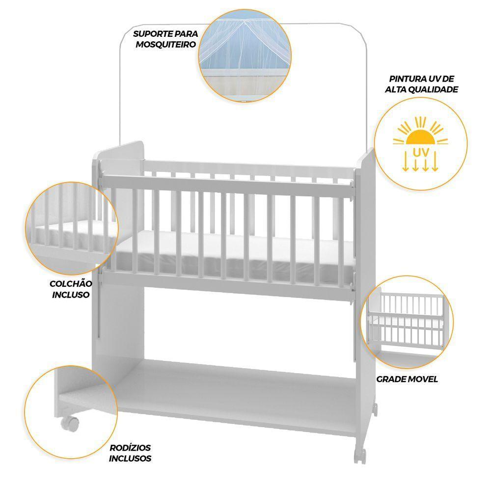 Mini Berço Compacto Portátil Para Bebê Com Grade Movel Rodízio Colchão E Prateleira Branco - 2