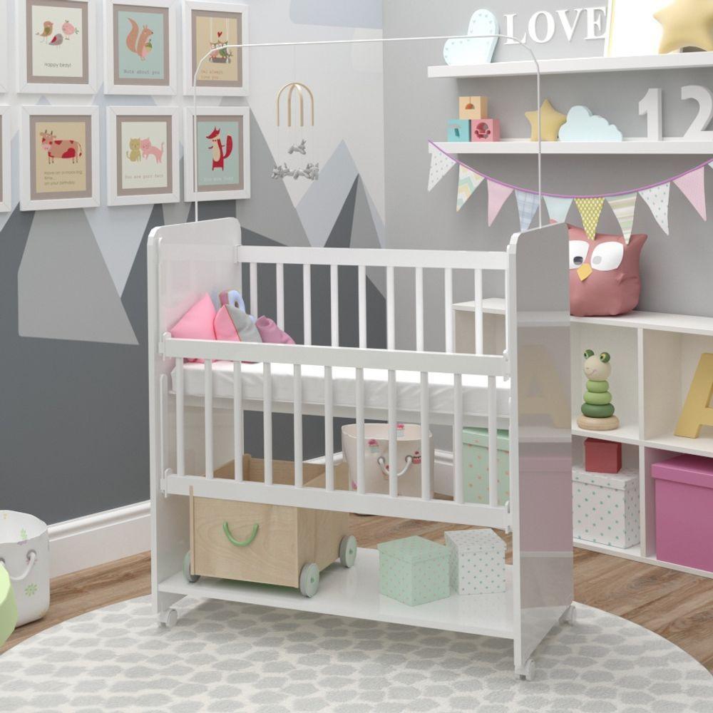 Mini Berço Compacto Portátil Para Bebê Com Grade Movel Rodízio Colchão E Prateleira Branco - 4