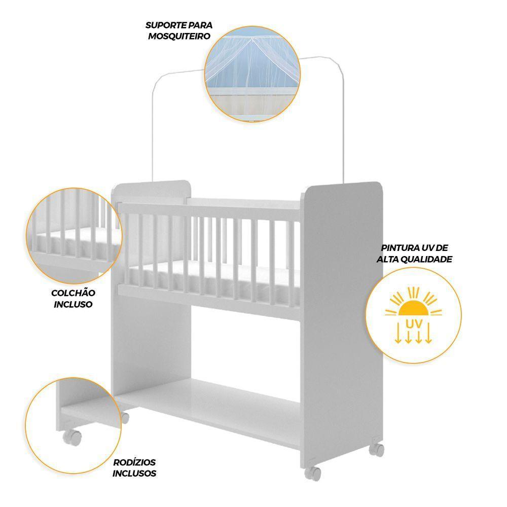 Mini Berço Compacto Portátil Para Bebê Com Rodízio Colchão E Prateleira Branco - 4