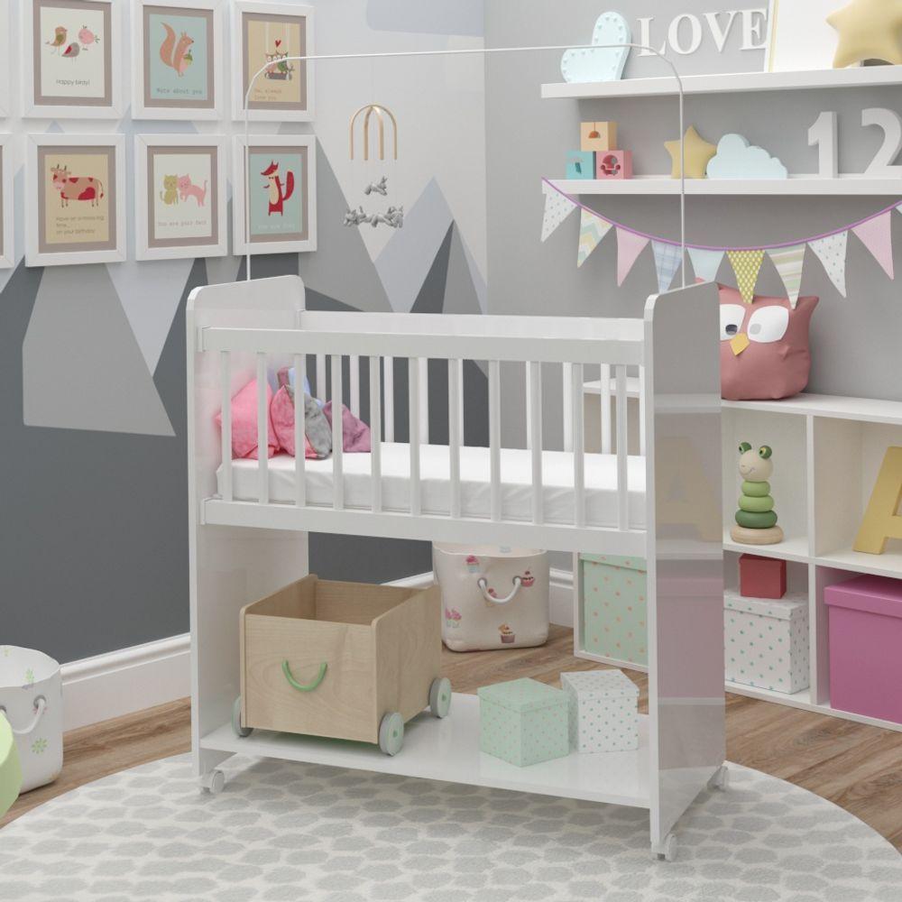 Mini Berço Compacto Portátil Para Bebê Com Rodízio Colchão E Prateleira Branco - 5