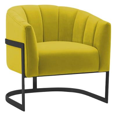 Poltrona Decorativa Sala De Estar Recepção Mavie Base De Ferro Preto Suede Adj Decor Amarelo