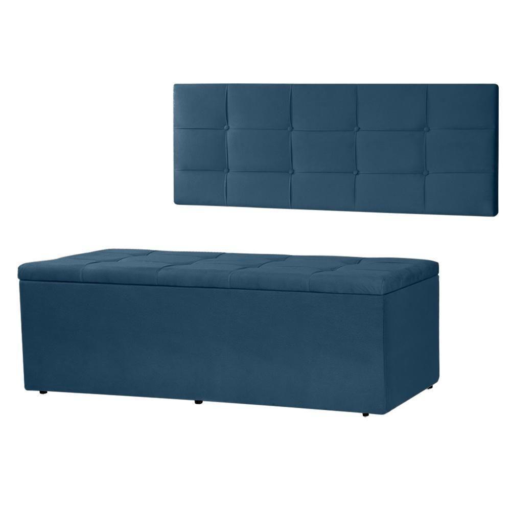 Kit Cabeceira Painel E Calçadeira Baú Casal King 1,95m Roma Suede Azul Marinho Dal Poz Estofados - 1