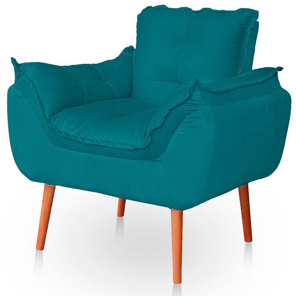 Kit 02 Poltronas Opala Para Sala Confortável Resistente Veludo Bege Azul Turquesa - 5
