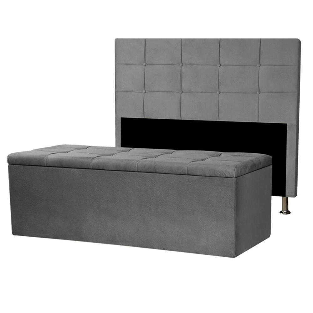 Kit Cabeceira E Calçadeira Baú Solteiro 0,90m Roma Suede Cinza Dal Poz Estofados - 1