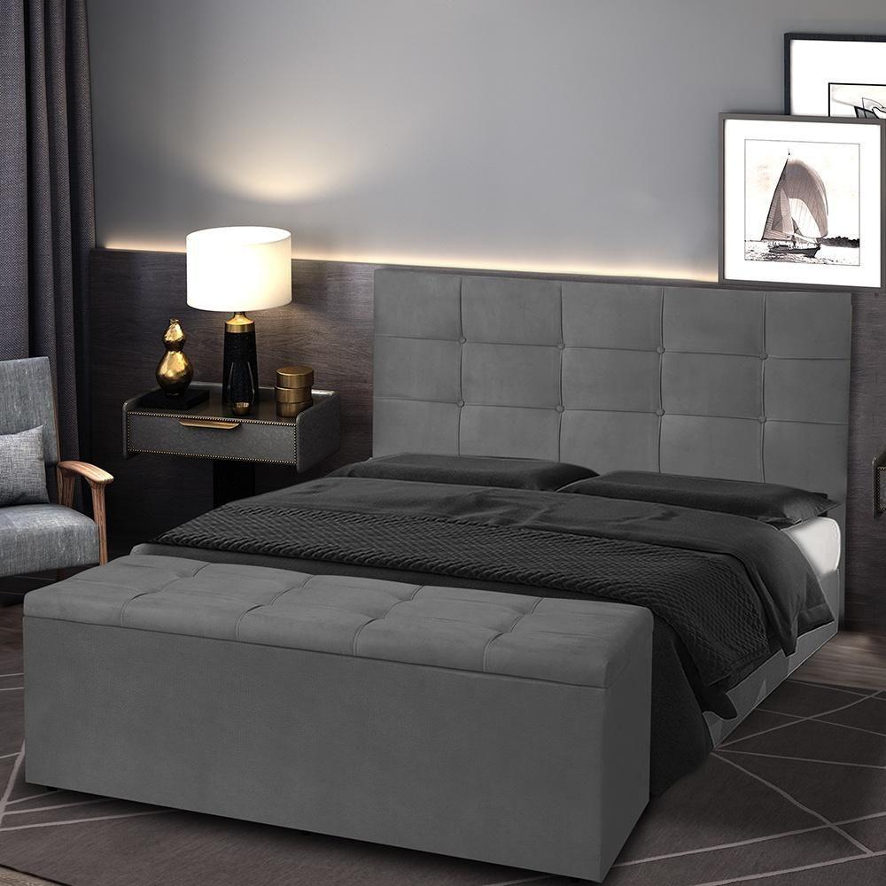 Kit Cabeceira E Calçadeira Baú Solteiro 0,90m Roma Suede Cinza Dal Poz Estofados - 4