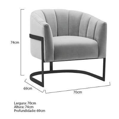 Poltrona Decorativa Sala De Estar Recepção Mavie Base De Ferro Preto Linho - Doce Sonho Móveis Cor Cinza Claro