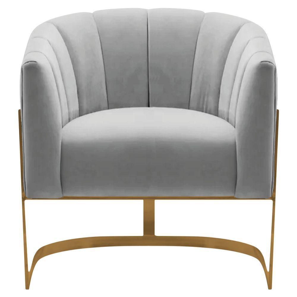 Poltrona Decorativa Sala De Estar Recepção Mavie Base De Ferro Dourado Linho - Doce Sonho Móveis Cor Cinza Claro - 5