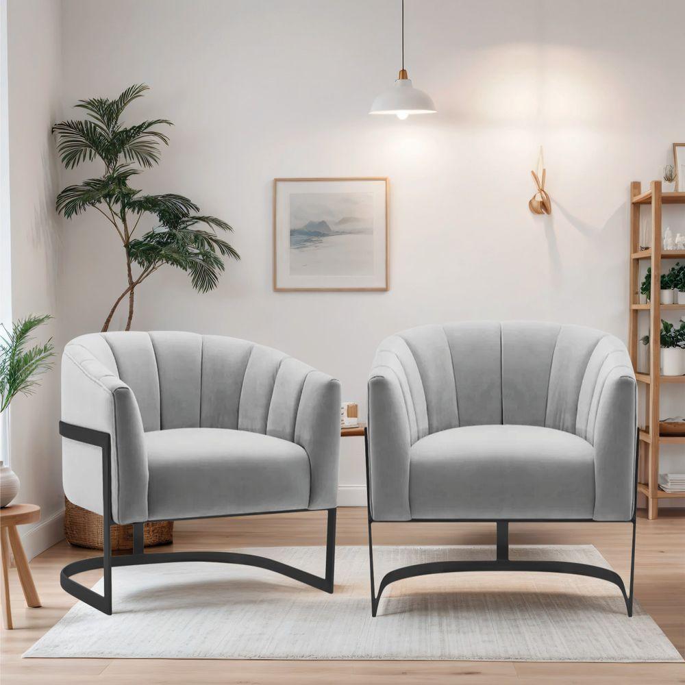 Kit 2 Poltronas Decorativas Sala De Estar Recepção Mavie Base De Ferro Preto Linho Cinza Claro - 8